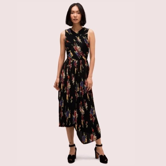 Kate Spade Pleated Midi Dress, Black Floral Print, Size 6 New w/Tag